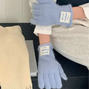 Guanti in maglia blu a tinta unita stile coreano da donna, caldi guanti invernali a cinque dita.