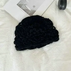Berretto in maglia uncinetto nero vintage, mohair morbido soffice invernale caldo cappello.