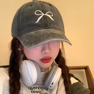 Casquette de baseball vintage lavée pour femme avec broderie de nœud, chapeau casual.