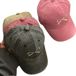 Casquette de baseball rétro lavée brodée d'un nœud pour femme chapeau de soleil décontracté