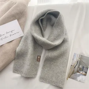 Detailaufnahme des weichen grauen Strickschals mit feiner Textur und kleinem Etikett für kalte Tage.