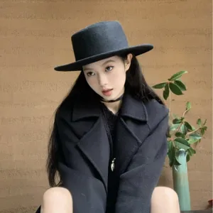 Schwarzer Wollfilz Flachkopf Fedora Hut Damen Herren Vintage Herbst Winter Breitrandhut