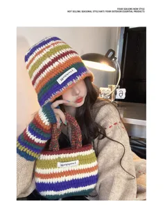 Colorful woven rainbow knit hat and matching handbag detail shot, stylish winter warmth.