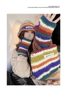 Colorful knitted winter hat gloves and bag set, warm rainbow striped three piece fashion set.