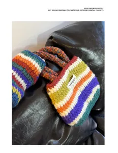 Colorful handmade crochet knit handbag and matching sleeve set, retro dopamine style accessory.