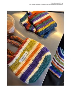 Colorful striped crochet knit handbag and matching winter warm accessories for women.