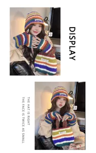 Detailed view of the colorful striped knit hat, gloves and mini handbag set worn by model.