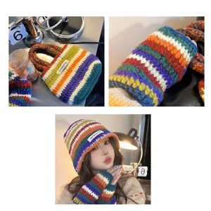 Colorful crochet bucket hat handbag arm warmers set winter warm dopamine knitwear fashion