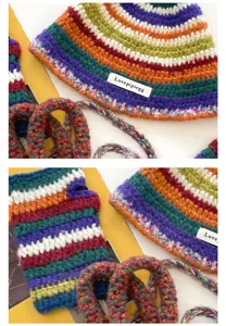 Colorful crochet knit hat and gloves set detail view, warm rainbow winter fashion accessories.