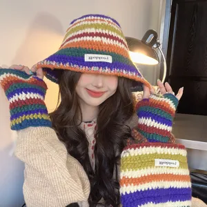 Women Knit Warm Beanie Hat Fingerless Gloves Handbag Set Rainbow Stripe Dopamine Color Acrylic Knitted Winter Outdoor Accessories