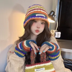 Colorful knit beanie hat gloves and bag set winter warm dopamine fashion accessories.