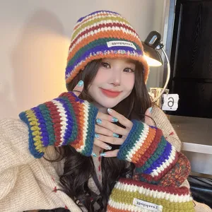 Colorful striped knit beanie and arm warmers set, warm winter dopamine fashion hat.