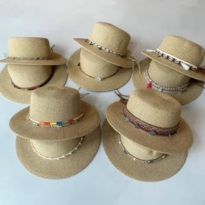 Damen Ethno Flacher Kopf Strohhut Breite Krempe Sonnenschutz Beschattung Strand Urlaub Handgewebt Panama Stil Fedora Für Sommer