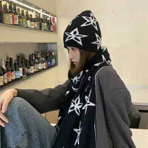 Invierno Cálido Gorro De Punto Y Conjunto De Bufanda Unisex pasamontañas Patrón De Estrellas Gorro De Lana Moda Ropa A Prueba De Frío