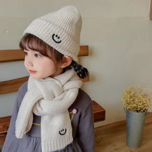 Kids knitted hat and scarf set cute smiley face autumn winter warm baby beanie neck warmer