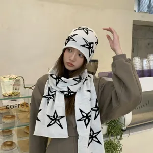Conjunto de gorro y bufanda de punto estilo coreano otoño invierno con motivo de estrella.