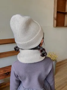 Children solid color knit beanie and scarf set, warm winter baby hat and neck warmer detail.