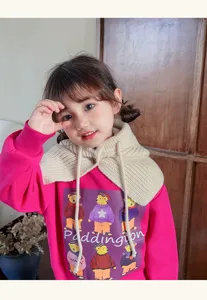 Kids Knitted Hooded Scarf Warm Detachable Beanie Winter Cute Pink Sweatshirt Set