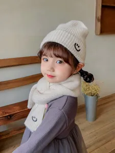 Cute kids knit hat and scarf set winter warm solid color baby beanie with smile embroidery