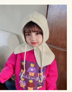 Children knitted balaclava hood scarf winter warm thick beige baby earflap hat cute
