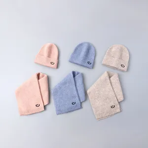 Kids winter knit hat and scarf set with cute smile embroidery, warm baby beanie and cozy neck warmer.