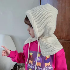 Children knitted balaclava hat cute warm earflap hoodie winter thick pullover scarf cap
