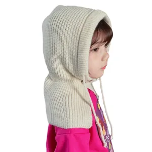Kids Knitted Balaclava Hooded Scarf Winter Warm Earflap Beanie Hat for Toddlers Beige