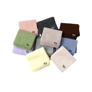 Kids winter knitted scarf neck warmer set with cute smiley face embroidery in multiple colors.