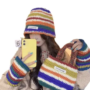 Colorful rainbow knitted winter hat gloves and handbag set fashion dopamine style warm beanie