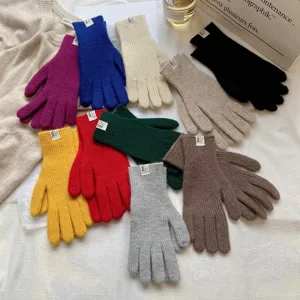 Guantes de punto de invierno de color sólido con etiqueta, guantes táctiles cálidos de lana.