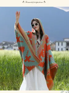 Etnische Stijl Capuchon Cape Sjaal Dames Warm Geometrisch Patroon Reizen Mantel Winter