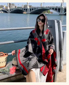 Etnische capuchon cape sjaal voor vrouwen retro geometrisch patroon warme winterkleding reizen