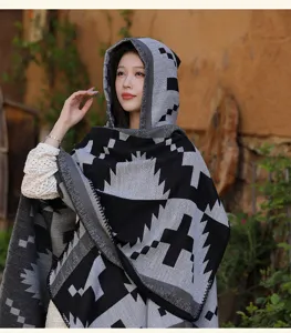 Etnische geometrische patronen met capuchon cape en sjaal voor dames, warme kleding.