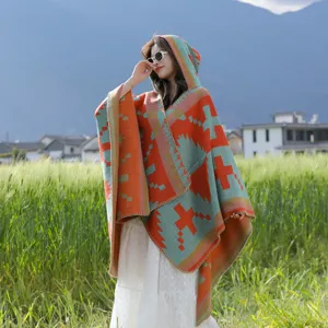 Dames etnische stijl gebreide poncho met capuchon winter warme mode reizen omslagdoek