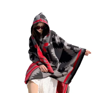 Etnische Stijl Capuchon Poncho Cape Geometrisch Patroon Warme Sjaal voor Dames Winter