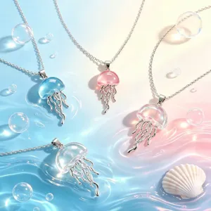 Charming 3-color jellyfish pendant necklace, sweet girl summer beach clavicle chain accessory.