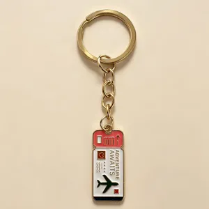 Close-up of the travel ticket design metal keychain pendant with airplane charm detail.