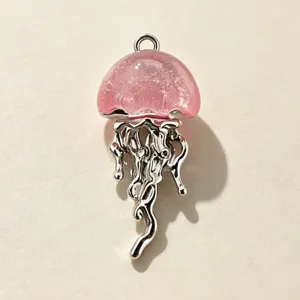 Exquisite pink resin jellyfish pendant detail, cute ocean-inspired summer necklace charm accessor