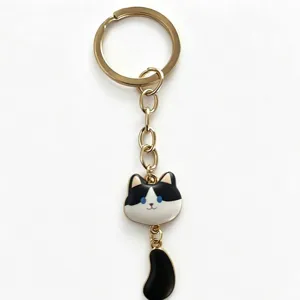 Cute Waving Tail Cat Keychain Alloy Enamel Metal Animal Bag Pendant Cartoon Kawaii Key Ring For Women Girls Gift