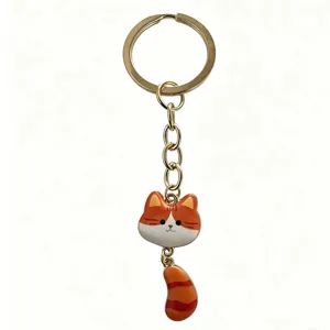 Cute orange cat metal keychain gold tone adorable animal bag charm pendant accessory