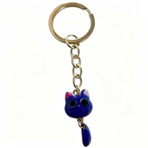 Cute blue cat keychain with movable tail and gold chain pendant accessory for daily use