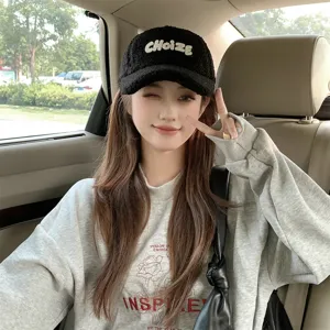 Winter warm black sherpa baseball cap for women, cute fleece hat with letter embroidery.