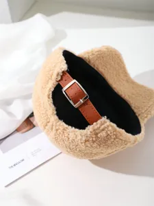 Fuzzy lambswool baseball cap for women, winter warm adjustable casual hat, stylish brown.