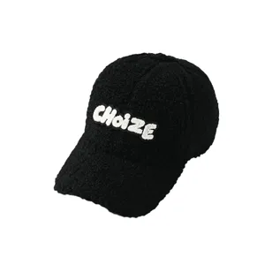 Winter warm black lamb wool baseball hat with white CHoiZE embroidery letter stylish cap for women