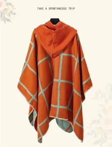 Mantella con Cappuccio a Quadri Blocchi di Colore Donna Scialle Caldo Invernale Viaggio Moda