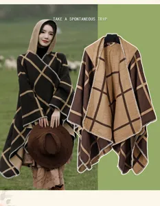 Dettagli della mantella con cappuccio a quadri etnici, tessuto caldo e design accogliente.