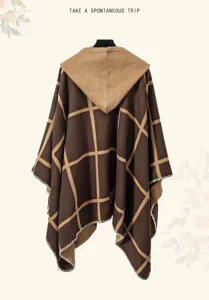 Donna mantella con cappuccio a quadri etnico poncho caldo inverno coperta scialle