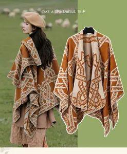 Boheemse bruine geometrische gestreepte poncho winter warme sjaal winddichte cape voor dames