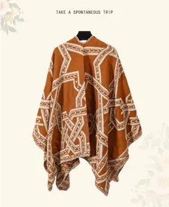Bruine geometrisch gebreide sjaal, dikke warme wintercape voor reizen, gezellige boho-stijl.