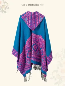 Poncho à capuchon imitation cachemire à franges, cape bohème à fleurs pour voyage.